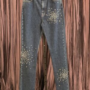 NWT. Des Phemnes. Starburst Of Rhinestone & Silver Studded Dark Blue Jeans.